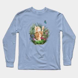 Ginger kitten playing with a blue butterfly Long Sleeve T-Shirt